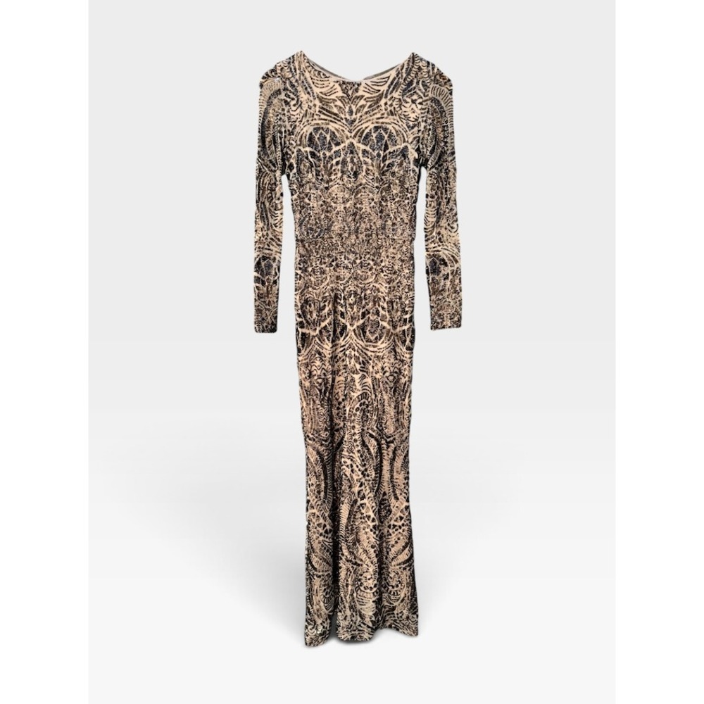 Betsy & Adam Sequin Gown Dress Size 8 Long Sleeve Nude Black Formal Maxi